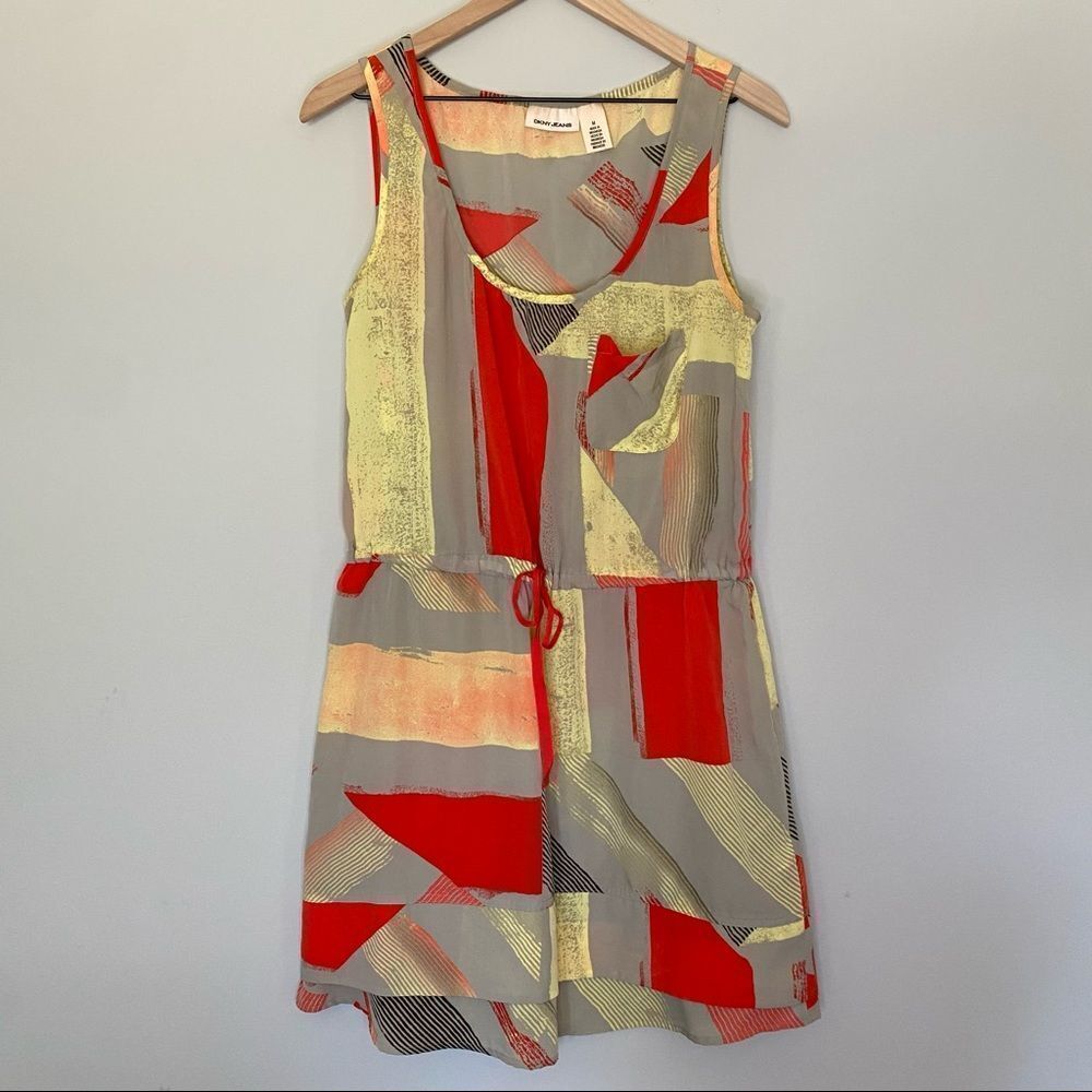 DKNY Medium Red Yellow Gray Abstract Geometric Tank Dress Spring Summer Sundress